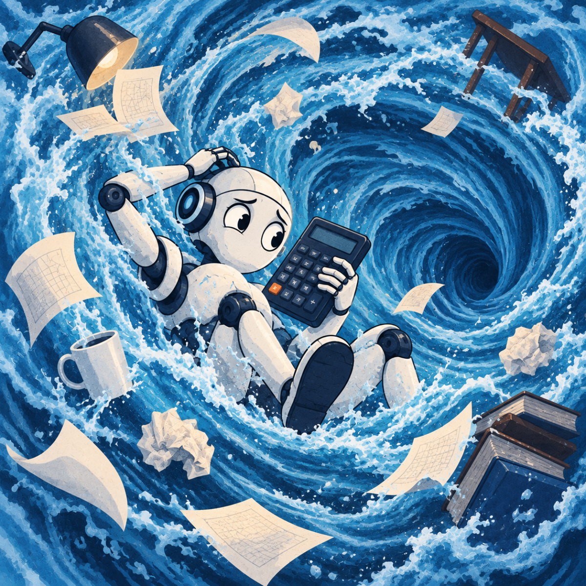 AI robot holding a calculator while being swept into a turbulent water vortex representing the Navier-Stokes problem