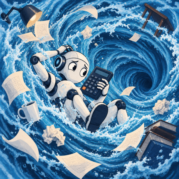 AI robot holding a calculator while being swept into a turbulent water vortex representing the Navier-Stokes problem