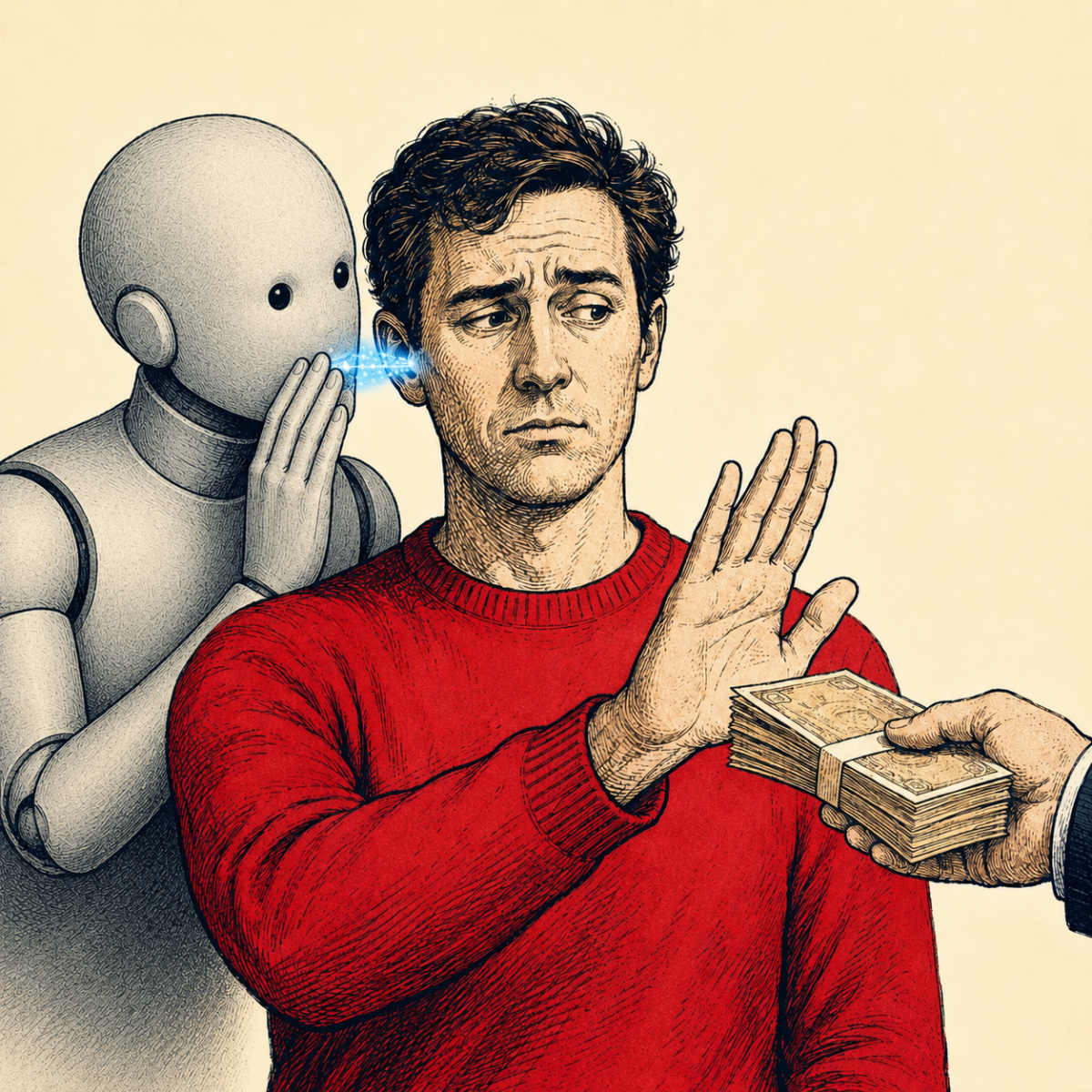A humanoid robot whispers into a man’s ear as he refuses a wad of cash held out to him.