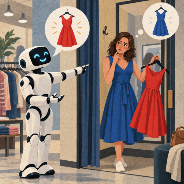 Confused woman in a blue dress holding a red dress while a smiling AI robot recommends the alternative.