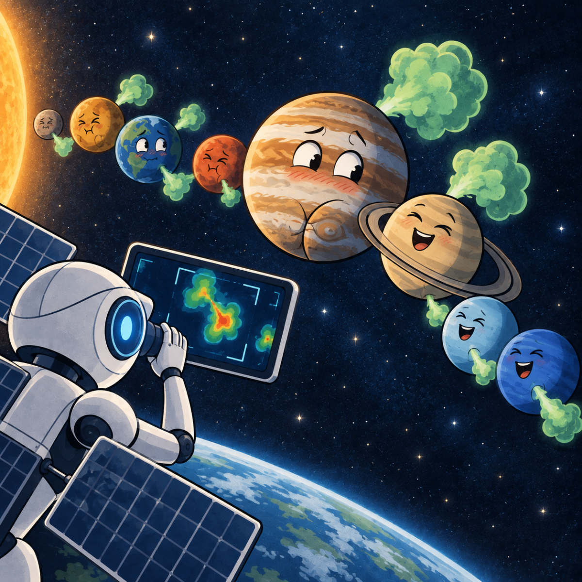 AI satellite detects methane plumes from space as cartoon planets release clouds across the solar system