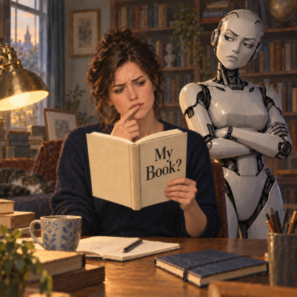 A woman wonders whether she wrote a book titled “My Book?” while an unimpressed AI android stands beside her.