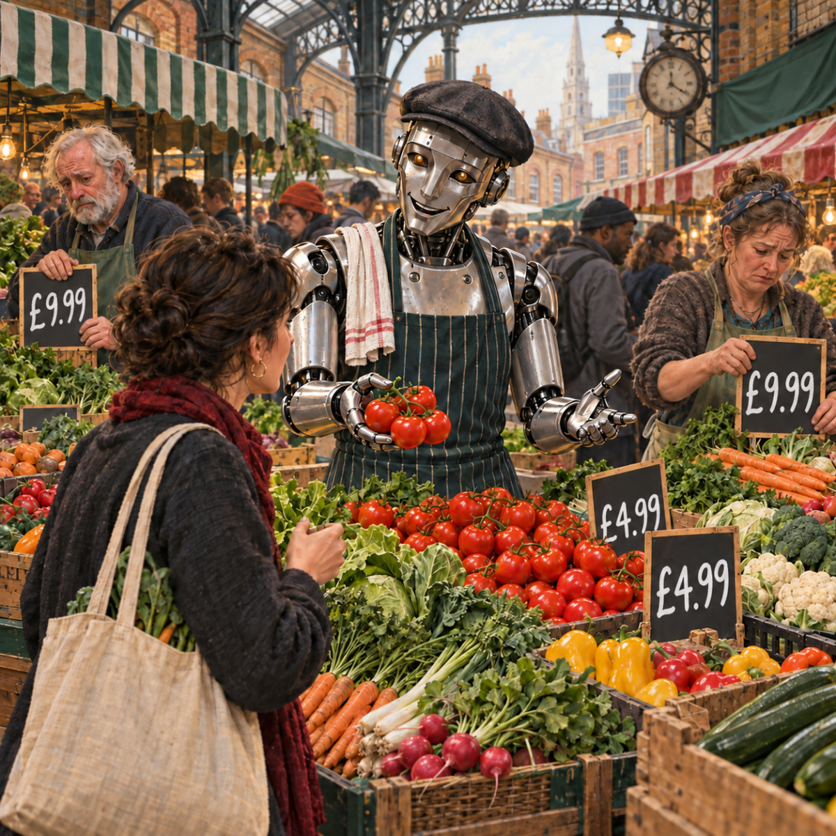 An AI market trader sells tomatoes at £4.99 while neighbouring human traders reluctantly display £9.99 price boards.