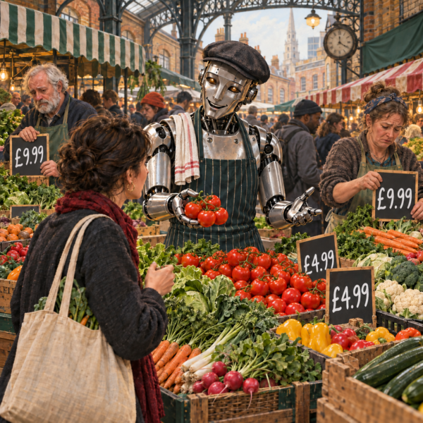 An AI market trader sells tomatoes at £4.99 while neighbouring human traders reluctantly display £9.99 price boards.