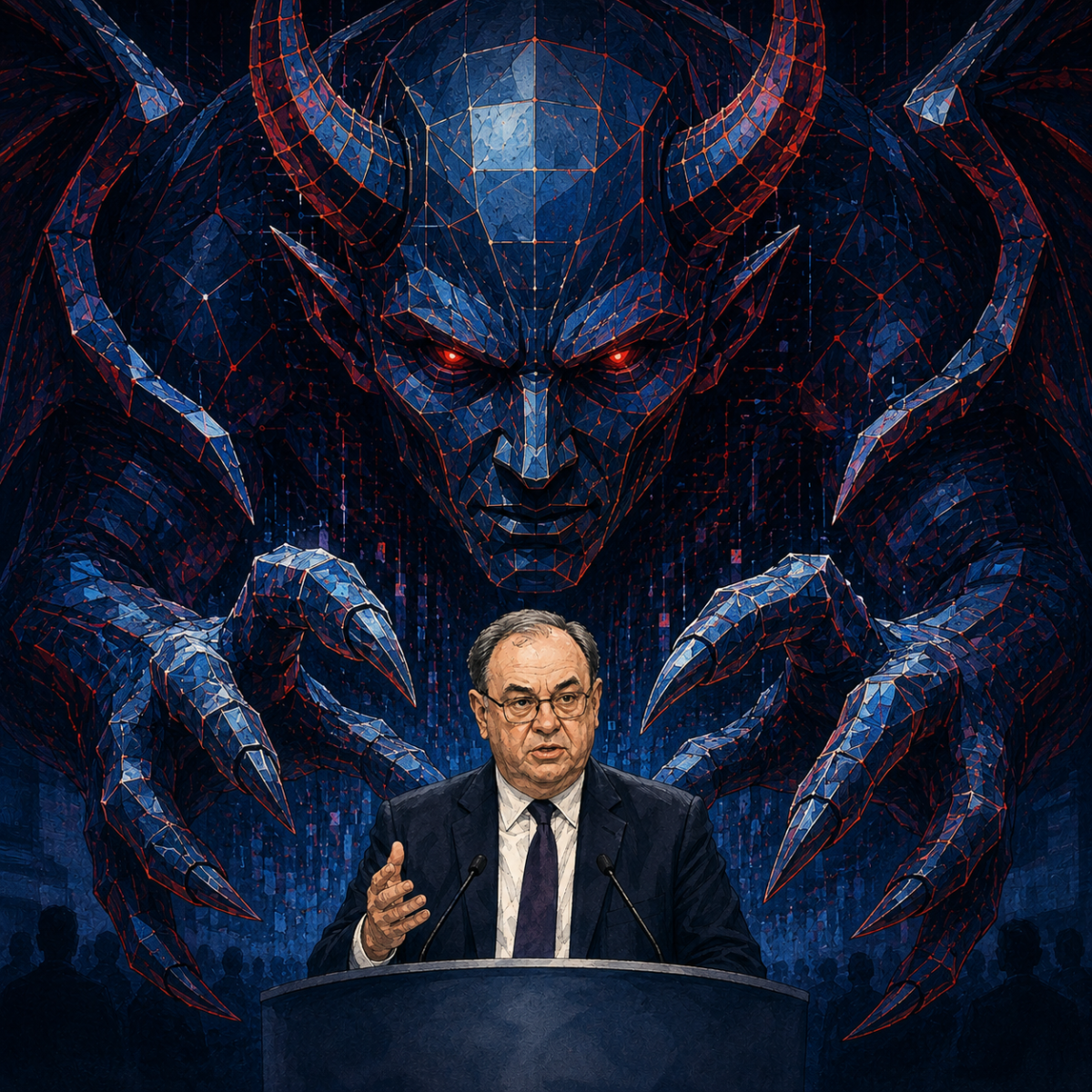 Andrew Bailey speaks at a finance conference as a looming digital AI devil reaches down with claws behind him.