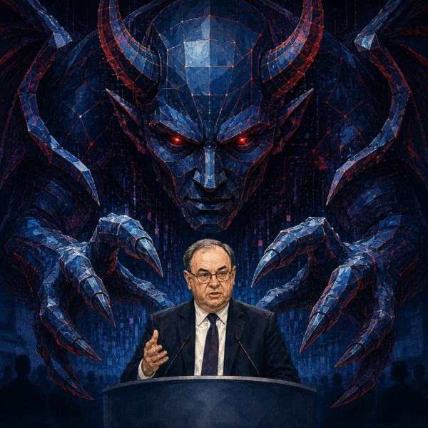 Andrew Bailey speaks at a finance conference as a looming digital AI devil reaches down with claws behind him.
