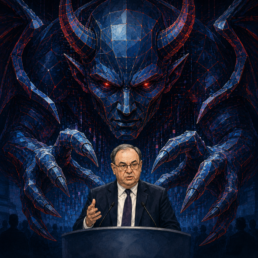 Andrew Bailey speaks at a finance conference as a looming digital AI devil reaches down with claws behind him.
