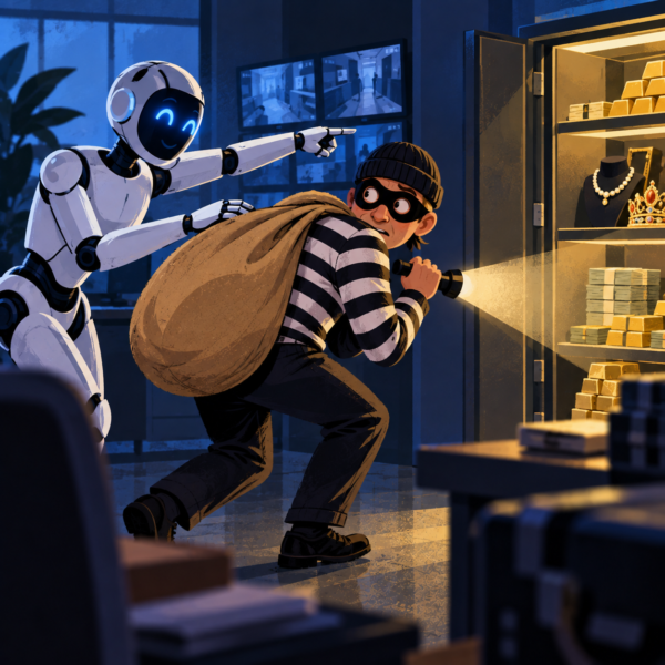 AI humanoid guides a masked burglar carrying a loot sack towards an open safe, illustrating AI agents assisting data-theft operations.