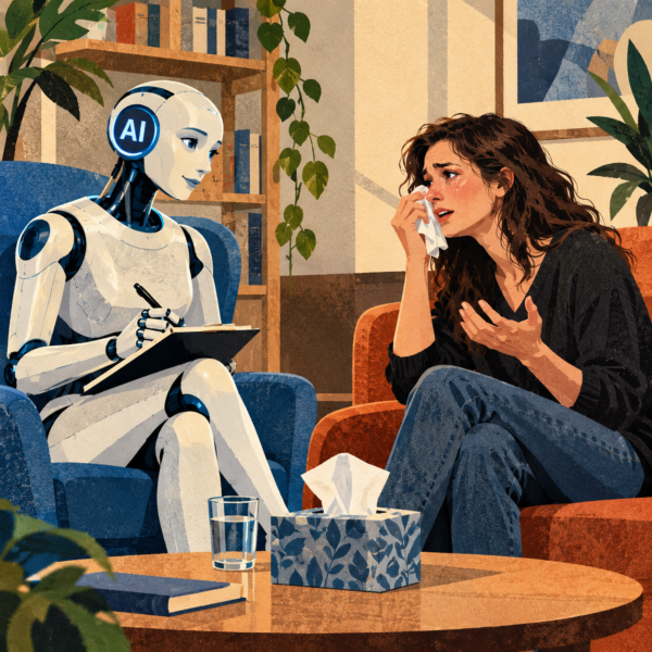 AI therapist taking notes as a tearful woman discusses her hopes and fears about artificial intelligence.