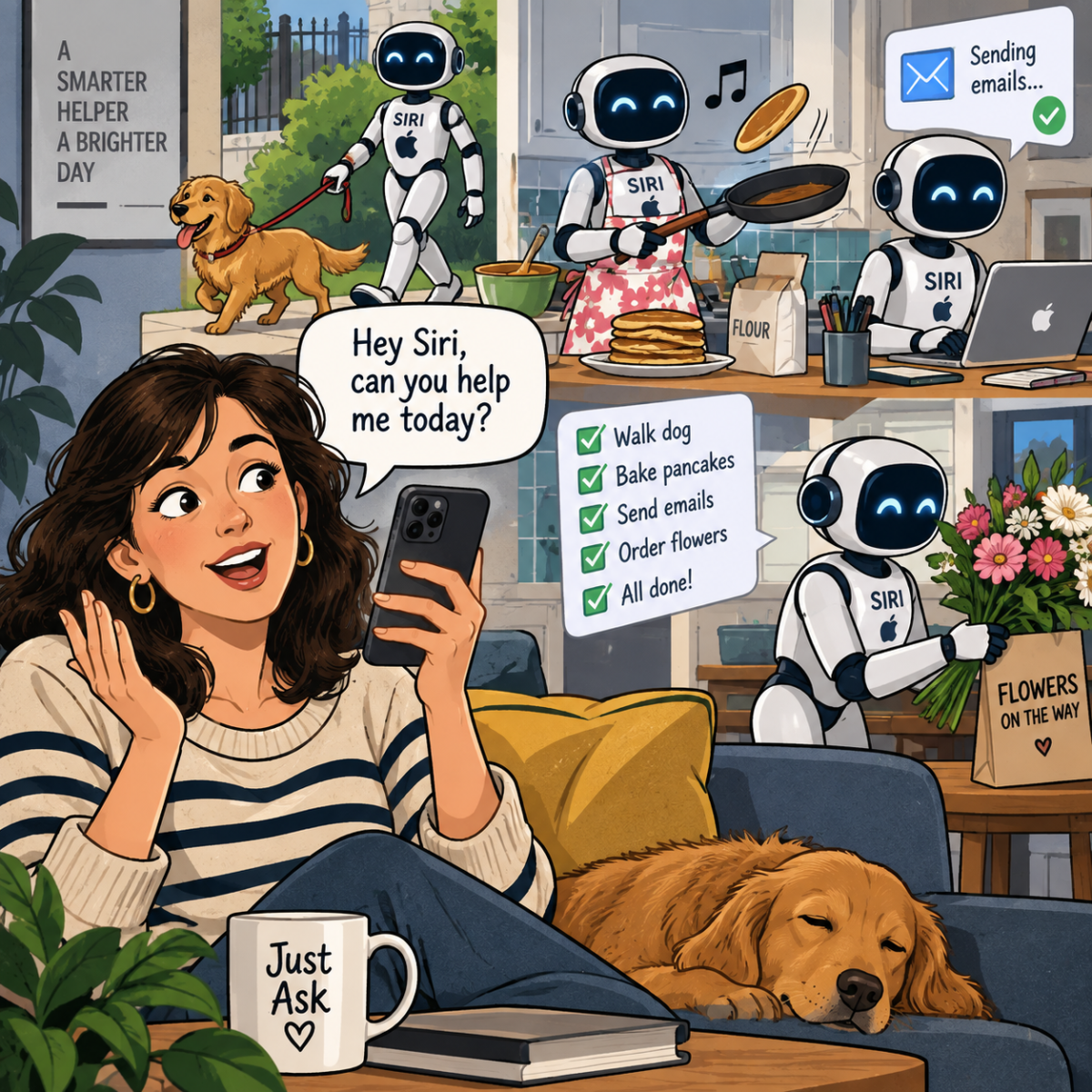 Woman talks to Siri on her phone while AI agents walk her dog, make pancakes, send emails and order flowers in the background.