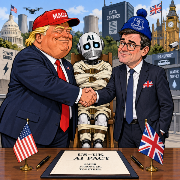 Cartoon of Donald Trump and Andy Burnham shaking hands while a restrained AI robot sits between them, surrounded by US and UK critical infrastructure.