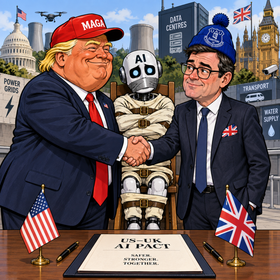 Cartoon of Donald Trump and Andy Burnham shaking hands while a restrained AI robot sits between them, surrounded by US and UK critical infrastructure.