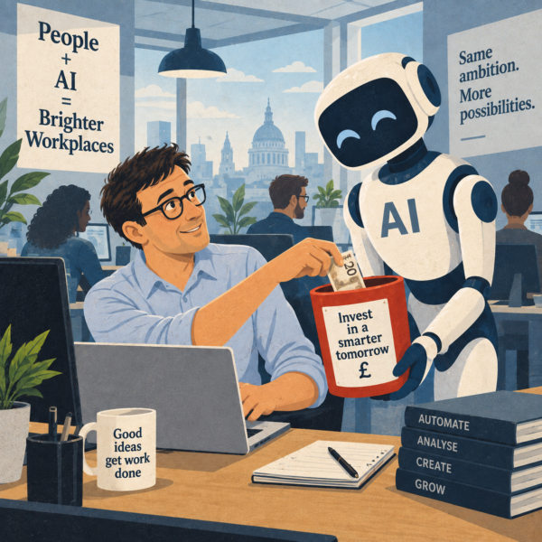 British office worker putting money into a collection box held by an AI robot.