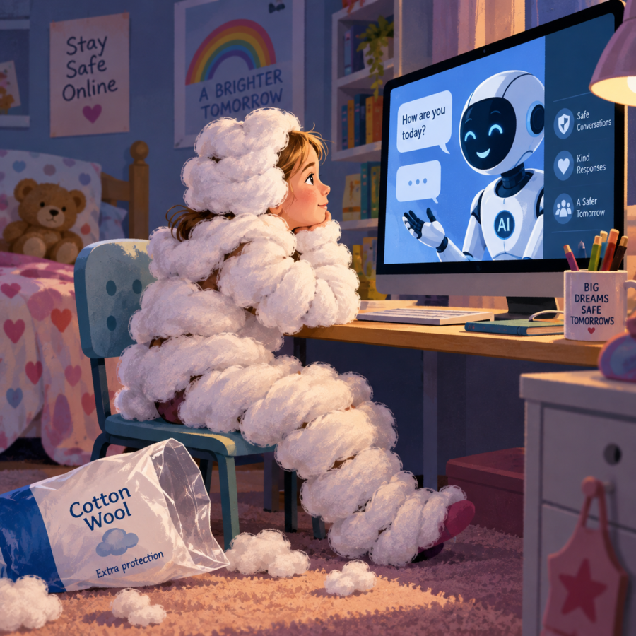 Child wrapped protectively in cotton wool while talking to an AI chatbot on a computer, illustrating new child-safety protections for AI.
