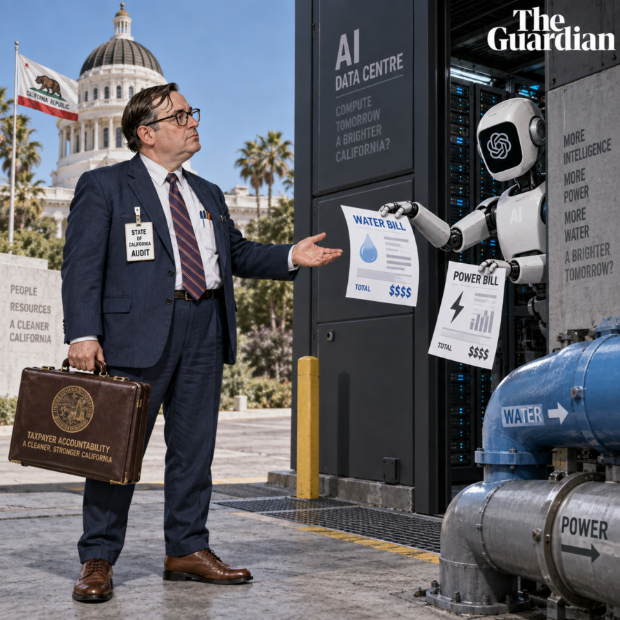 California state inspector requesting water and power bills from an AI robot outside a data centre.