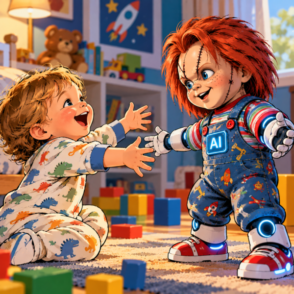Delighted toddler reaching out to a Chucky-style AI toy with robotic features and glowing AI technology.