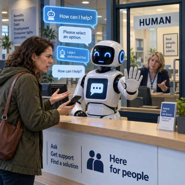 Frustrated customer blocked by an AI chatbot while a human adviser waits behind a glass door
