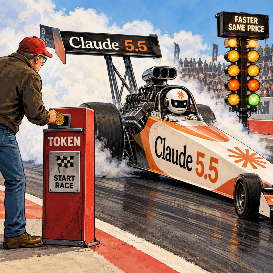 Claude 5.5 drag racing car waiting to launch as a man inserts a token into a start machine
