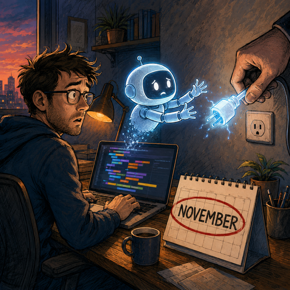 A developer watches anxiously as a glowing AI assistant reaches for a plug being pulled from the wall, beside a calendar marked November.
