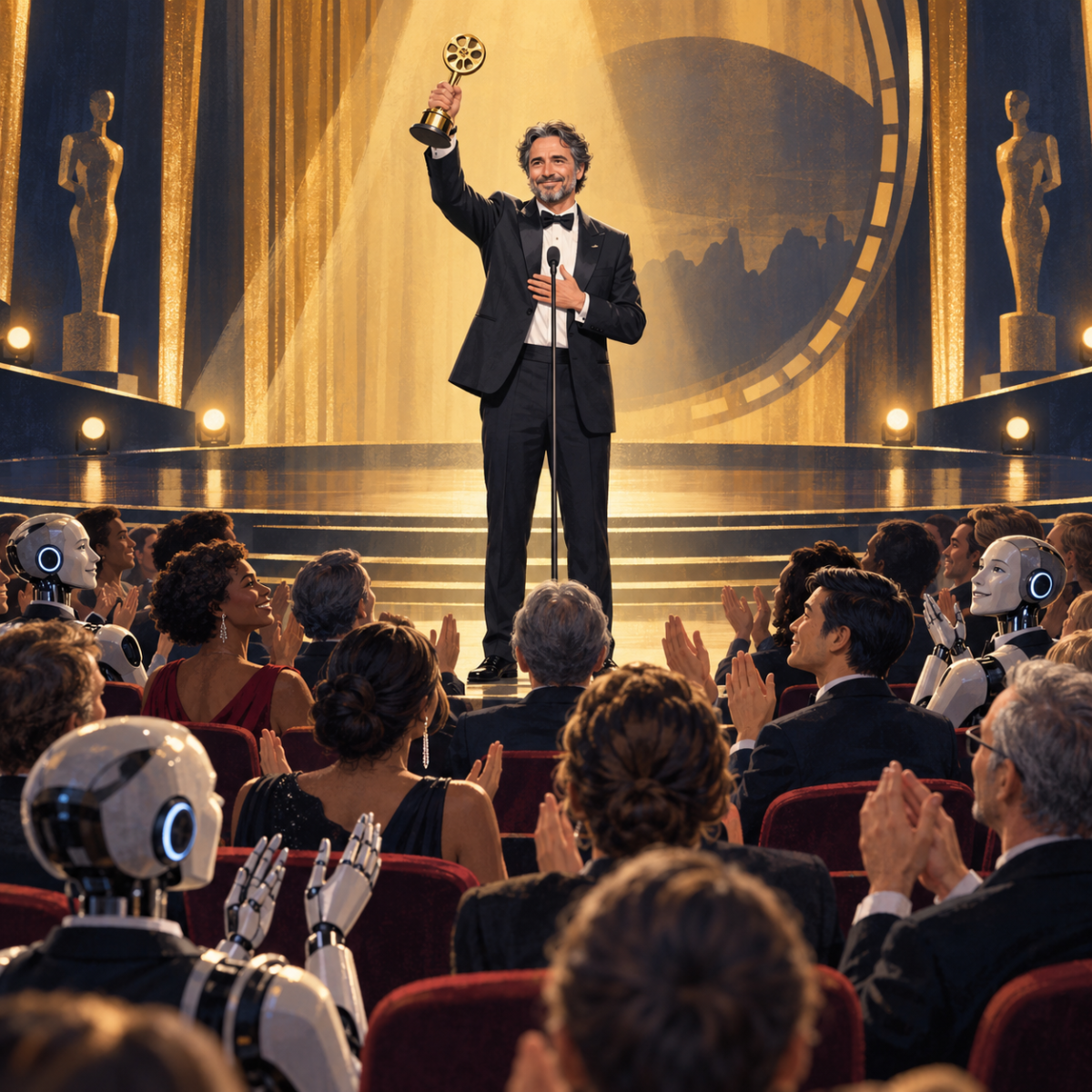 Human film director accepting an award while film stars and friendly AI androids applaud in a grand cinema ceremony.