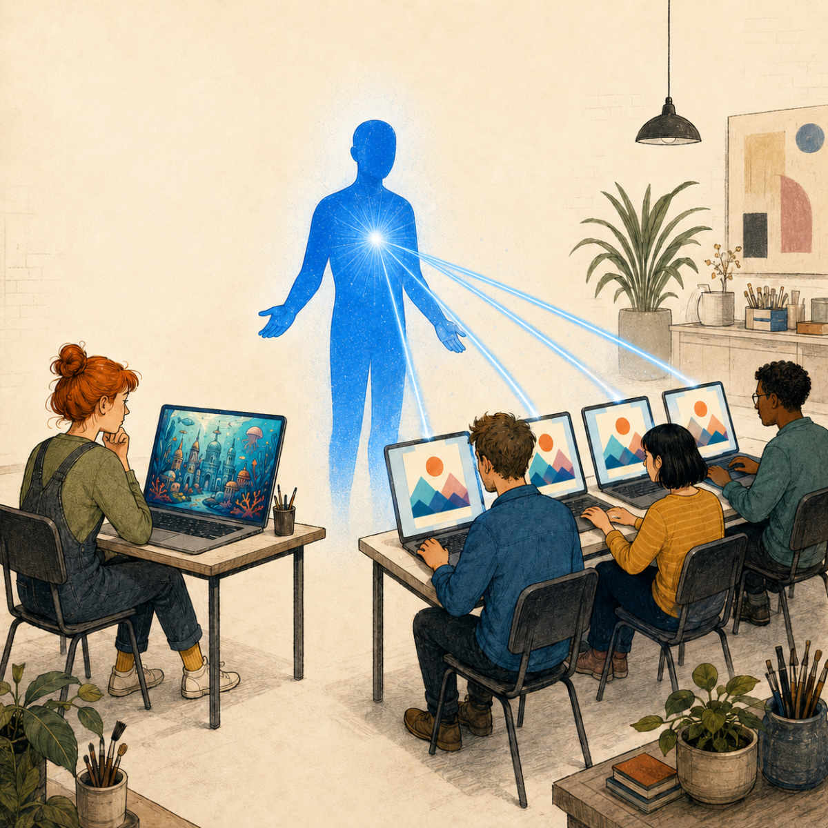 Three people receive AI guidance while working on matching laptop designs, while a fourth person works independently on a distinctly different creative concept.