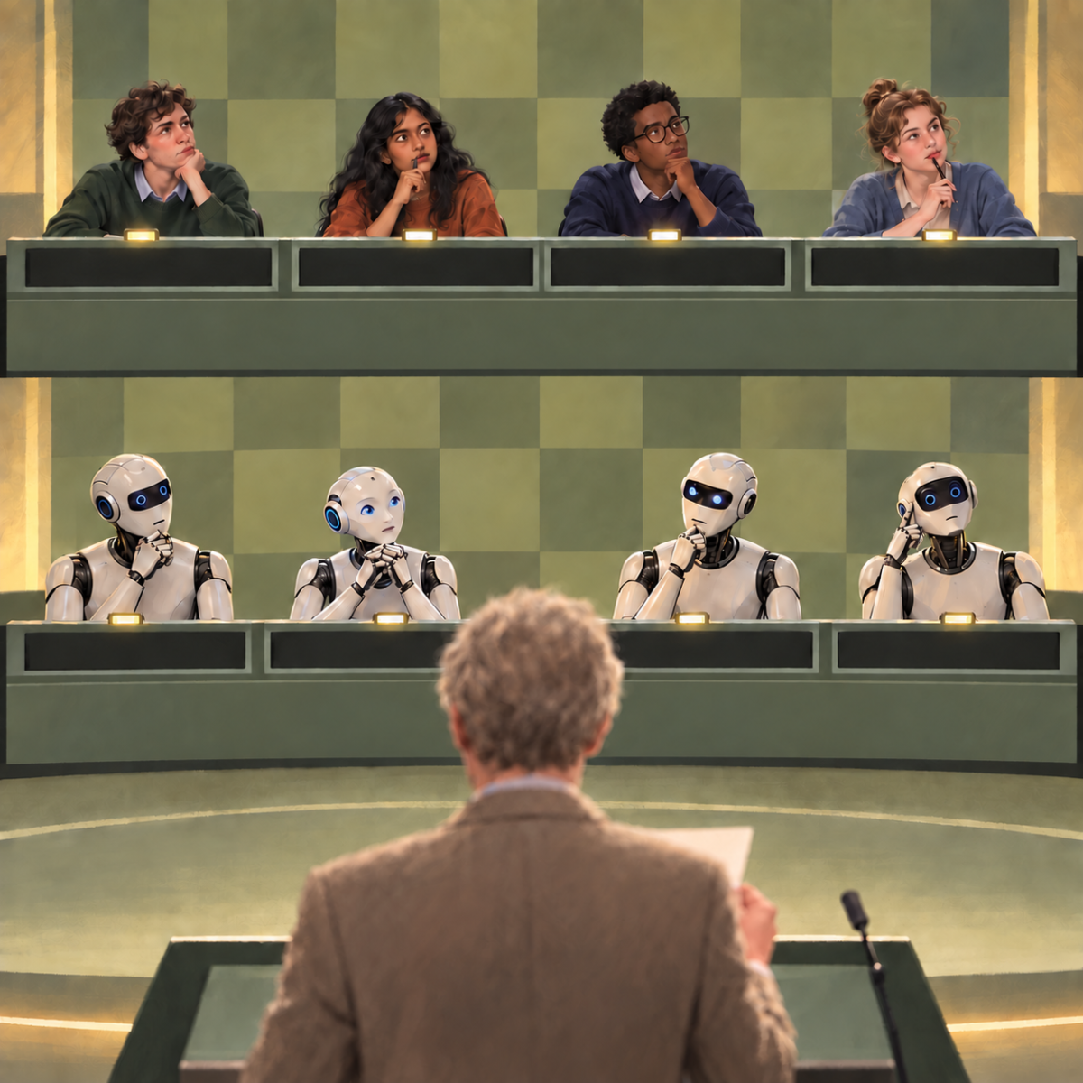 Human and AI quiz teams answer independently as a quizmaster reads a question.