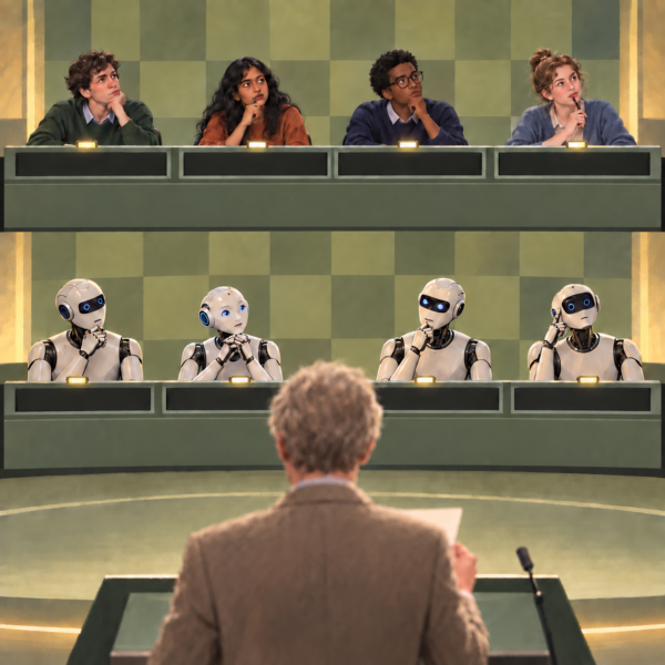 Human and AI quiz teams answer independently as a quizmaster reads a question.
