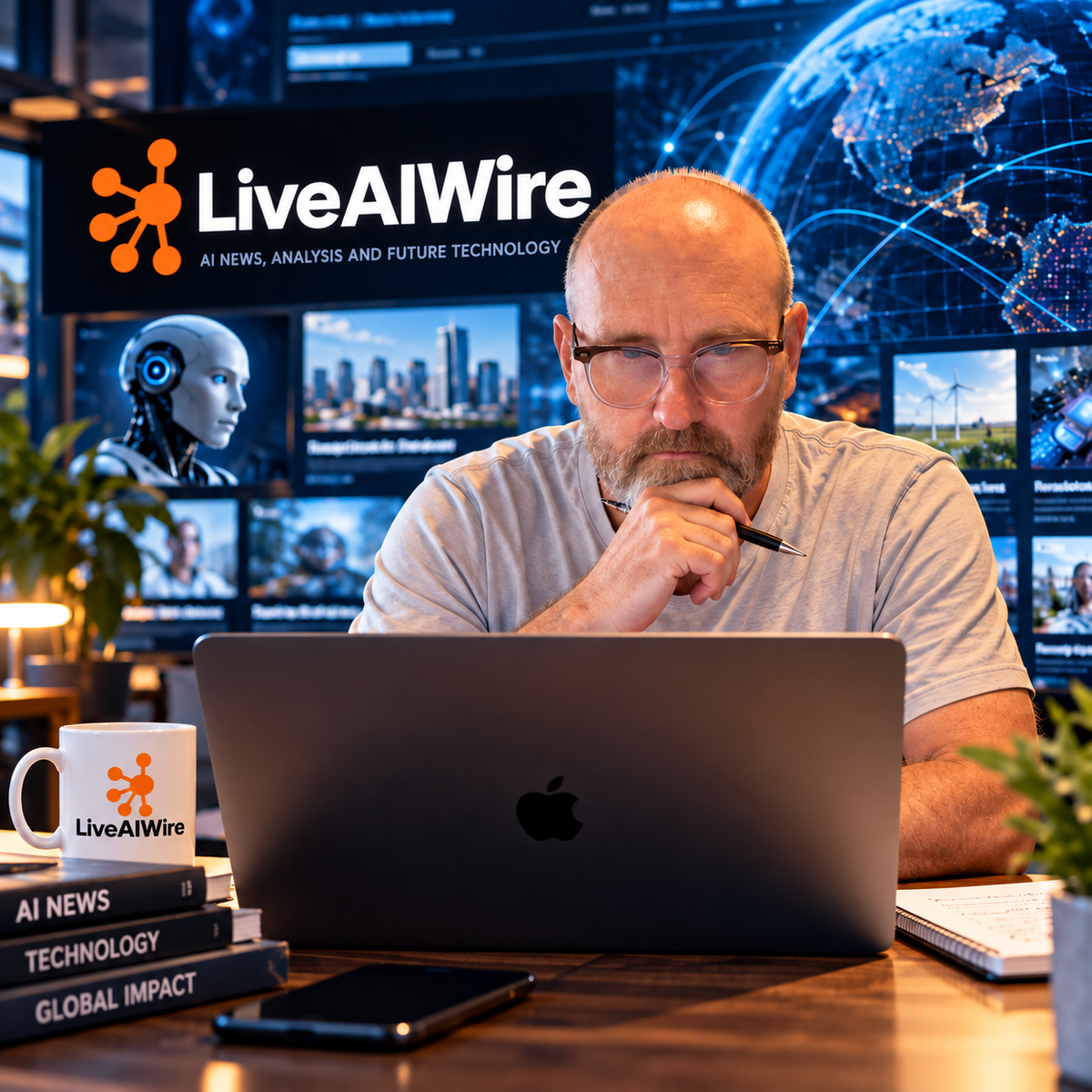 LiveAIWire editor reviewing artificial intelligence news and technology coverage at a laptop