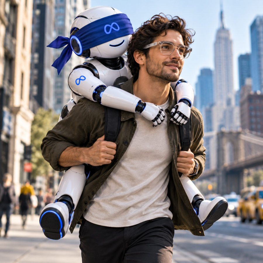 Man wearing clear Meta AI glasses gives a blindfolded AI robot a piggyback ride in a city