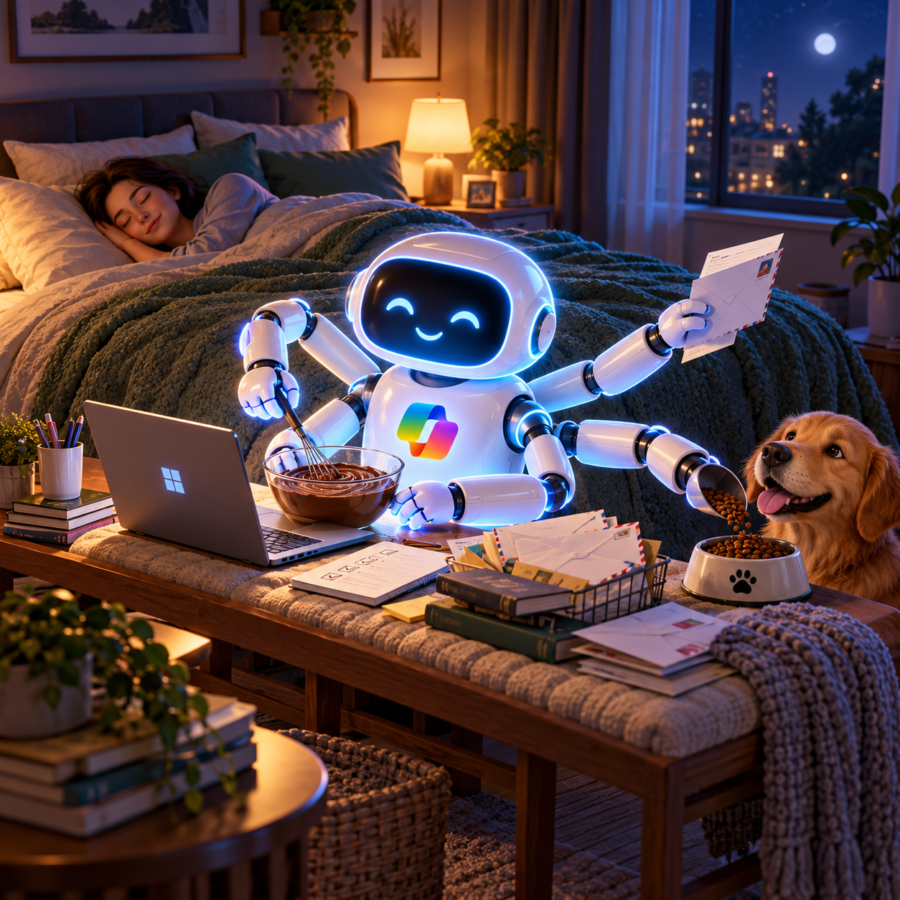 Microsoft Copilot AI agent multitasking on a laptop, reading mail, mixing food and feeding a dog while a person sleeps.