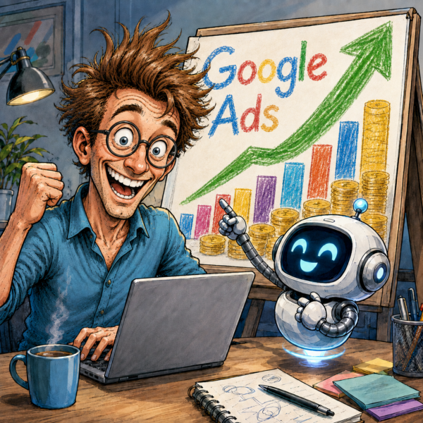 Cartoon of an excited marketer and AI assistant celebrating rising Google Ads results on a crayon-drawn chart.
