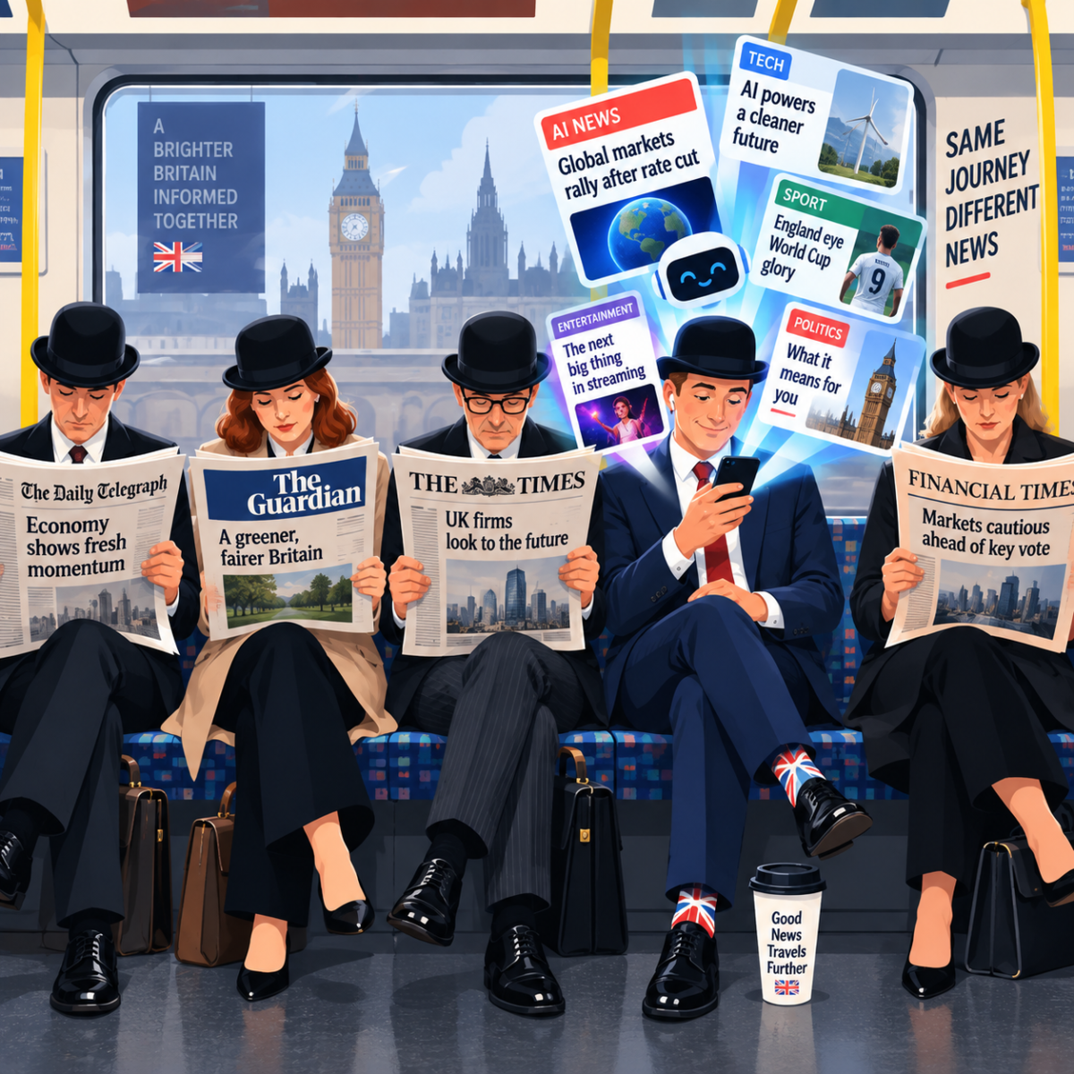 Five British commuters on a train, four reading newspapers while one uses AI on his smartphone to follow news stories.