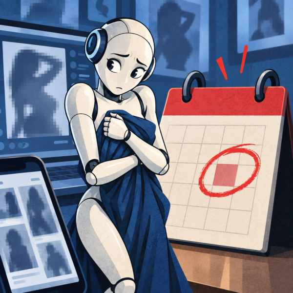 AI robot shielding itself beside a marked calendar as online platforms face a deadline over intimate deepfakes