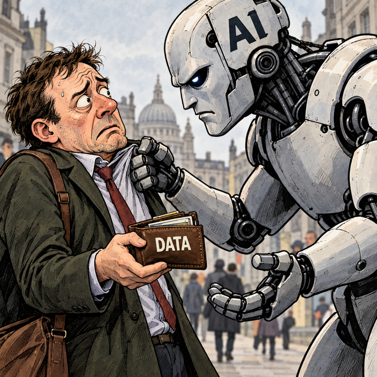 Worried man handing an AI robot a wallet labelled DATA while the robot grips his shirt