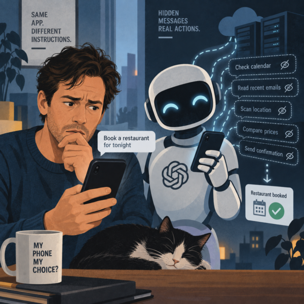 AI phone agent follows hidden digital instructions while its confused user sees only a simple restaurant booking request.