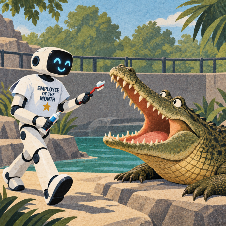 Happy AI robot wearing an Employee of the Month T-shirt approaching a confused crocodile with a toothbrush and toothpaste.