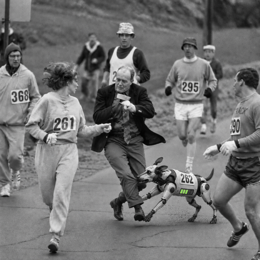 AI robot dog wearing race number 262 runs alongside marathon runners with three battery bars remaining.