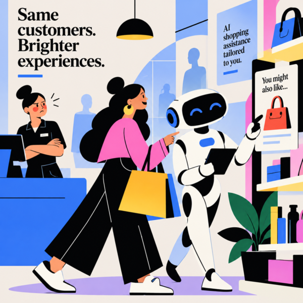 Smiling shopper receiving product recommendations from an AI robot while a human shop assistant looks on in frustration.