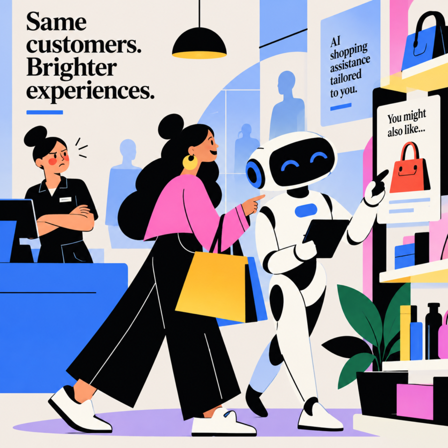 Smiling shopper receiving product recommendations from an AI robot while a human shop assistant looks on in frustration.