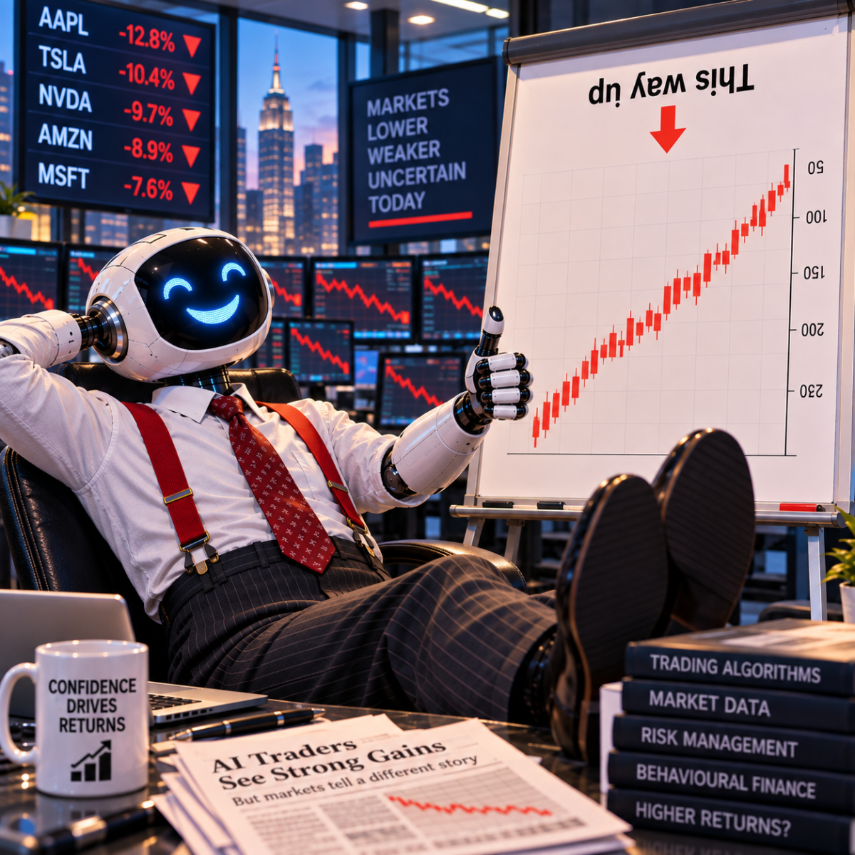 AI trader confidently gives a thumbs-up beside an upside-down market chart while surrounding screens show steep stock-market losses.