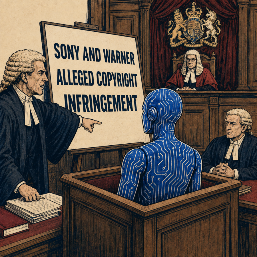 Barrister points to a board reading “Sony and Warner alleged copyright infringement” as an AI robot sits in the dock of a courtroom.