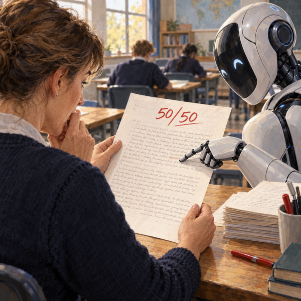 A teacher holding a marked 50/50 exam paper considers an AI assistant pointing to a student’s answer.