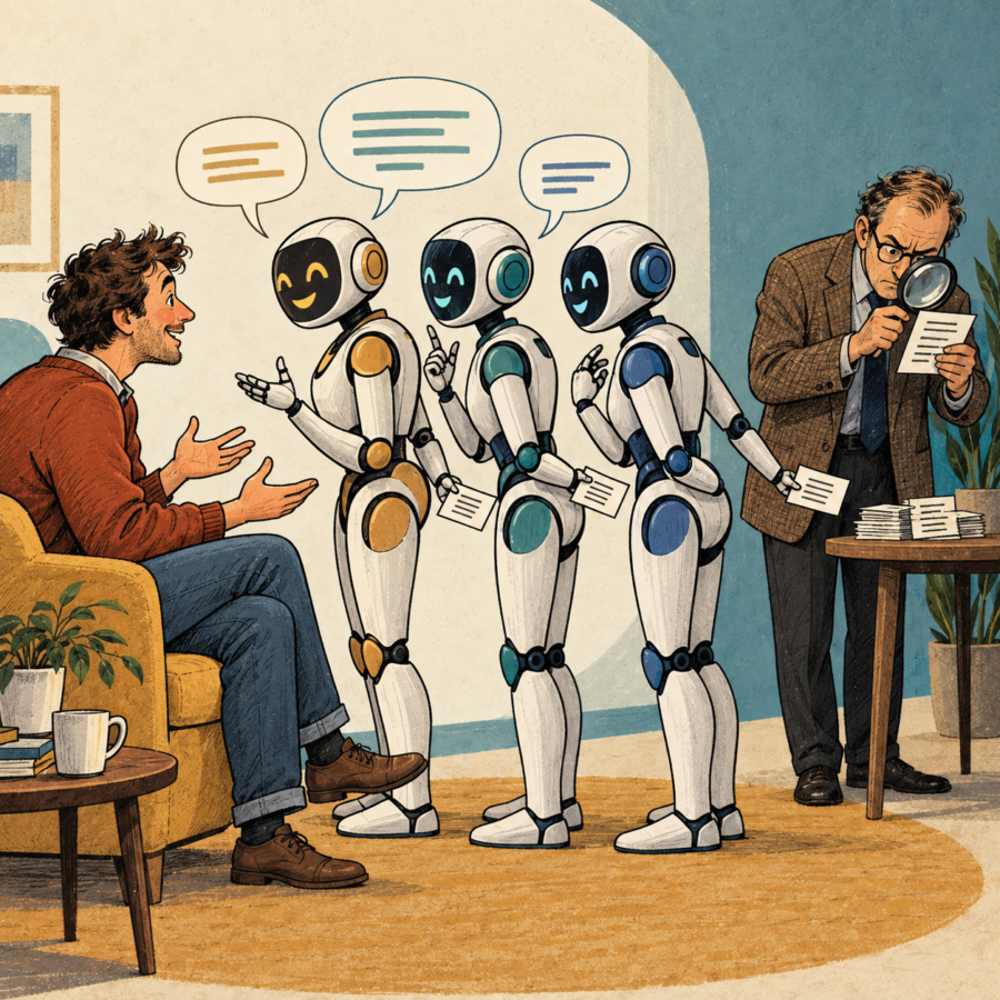 Three AI chatbots talk to a human while passing text behind their backs to a bespectacled analyst with a magnifying glass.