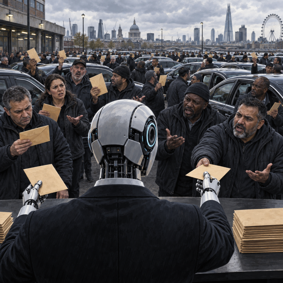 An AI paymaster distributes envelopes to angry ride-hailing drivers standing among rows of black cars.