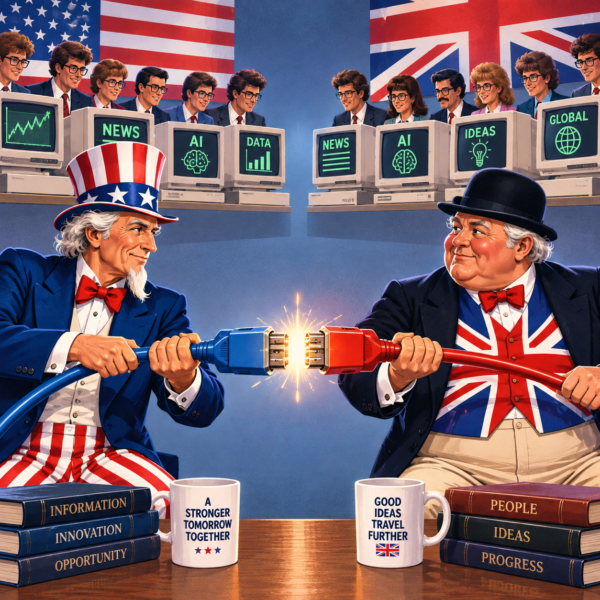 Uncle Sam and John Bull connecting computer cables as American and British workers use AI on 1980s-style computers behind them.