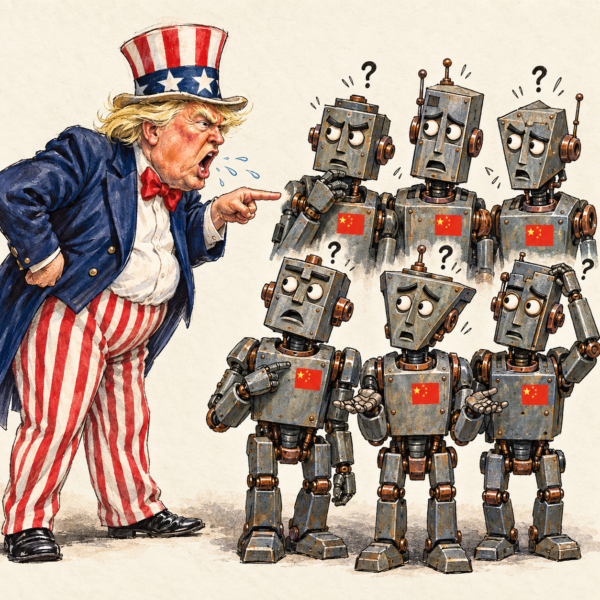 A Trump-like Uncle Sam shouts and points at six bewildered humanoid robots wearing Chinese flag badges.