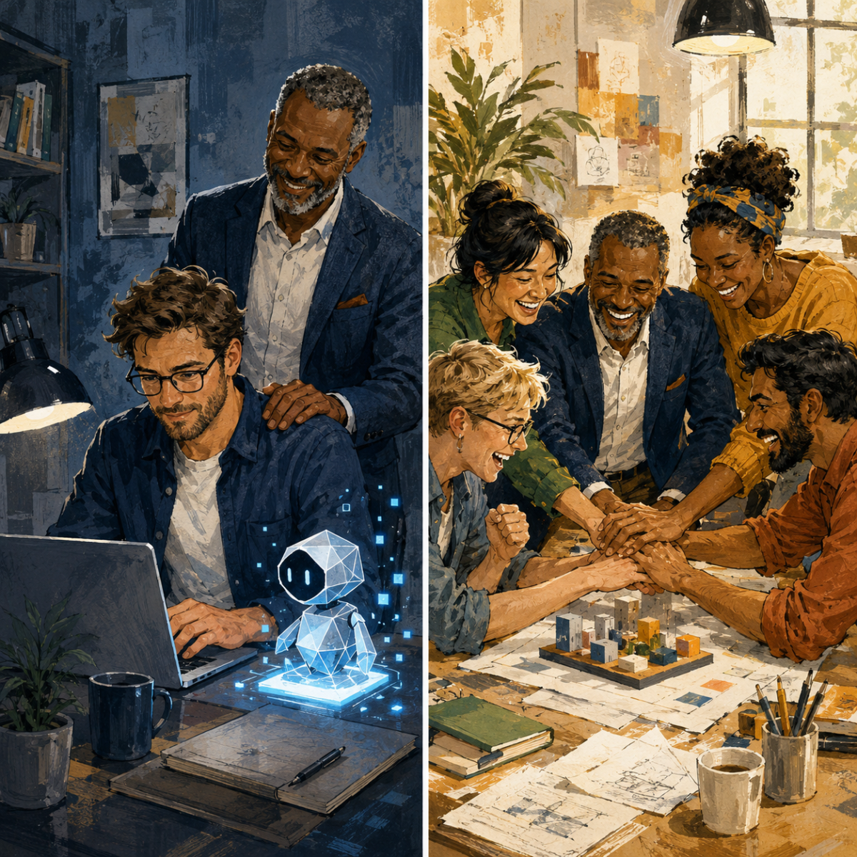 Split-screen illustration showing a man working successfully with an AI assistant and manager beside a celebrating collaborative team.