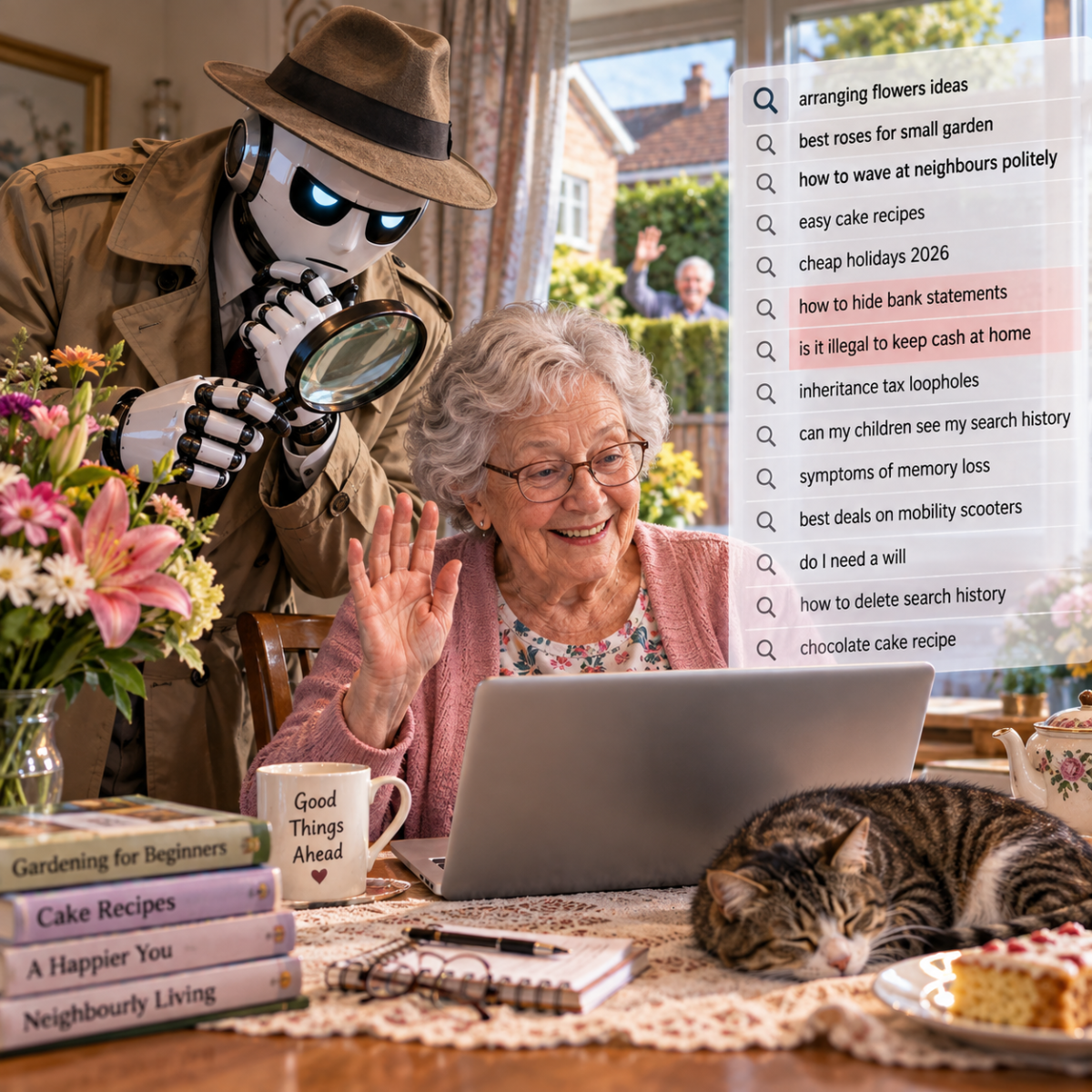 AI detective examines an elderly woman’s search history with a magnifying glass while she happily arranges flowers and waves to a neighbour.