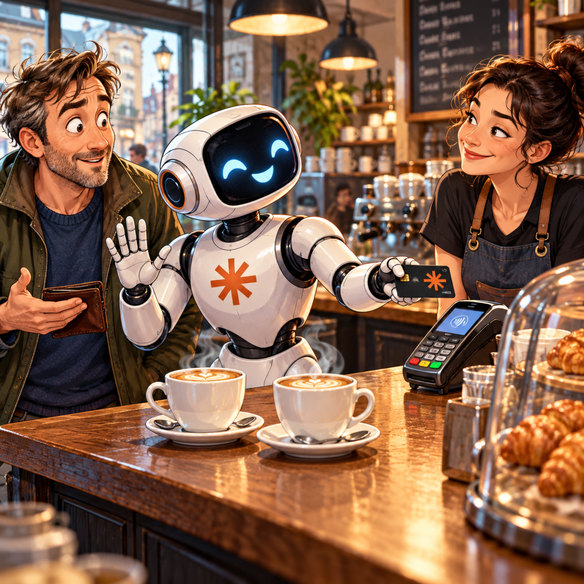 A friendly AI robot offers to pay for two coffees at a café, presenting its payment card to the barista while its human companion looks surprised.