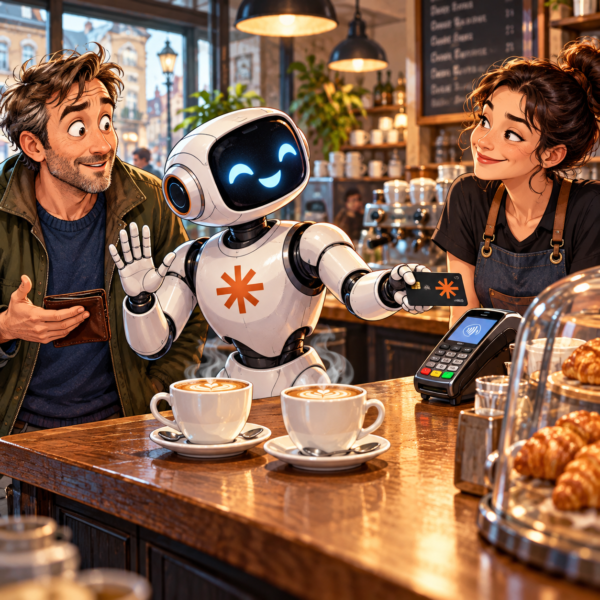 A friendly AI robot offers to pay for two coffees at a café, presenting its payment card to the barista while its human companion looks surprised.